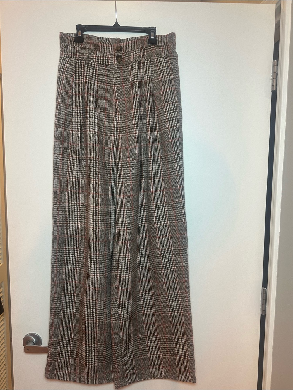 Commense Plaid Wide Leg Trousers in Brown and Gray with Subtle Red Windowpane